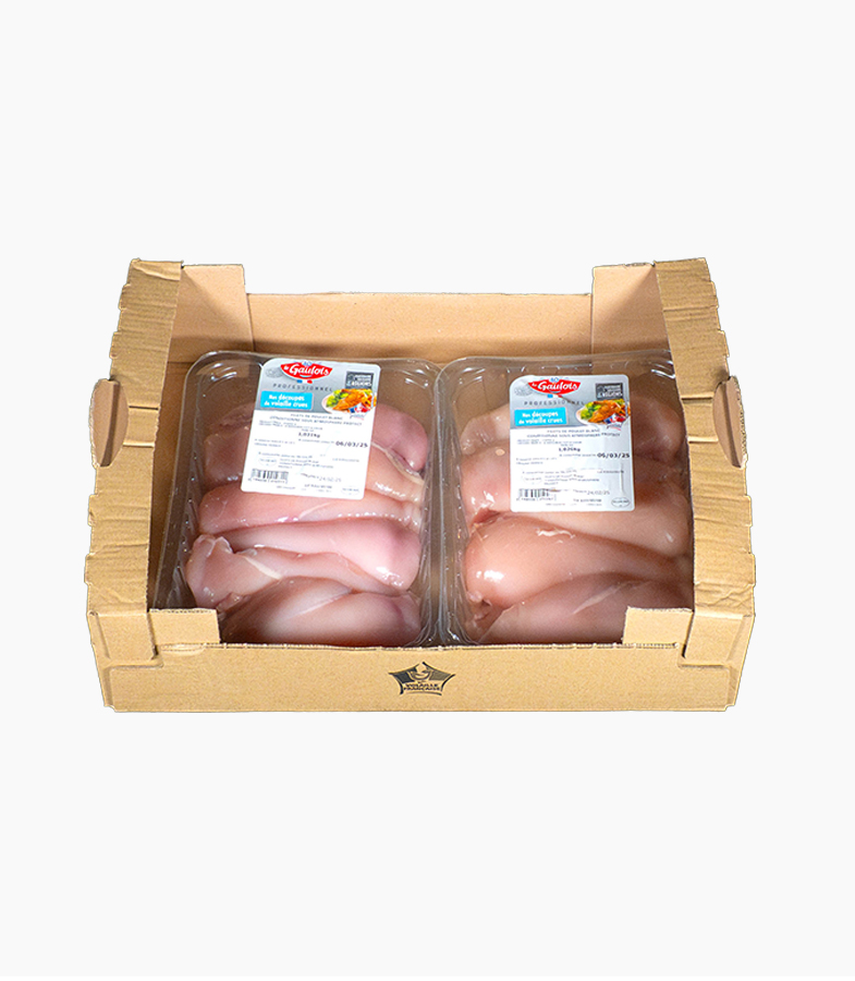 Filets de poulet Le Gaulois en barquettes dans un carton